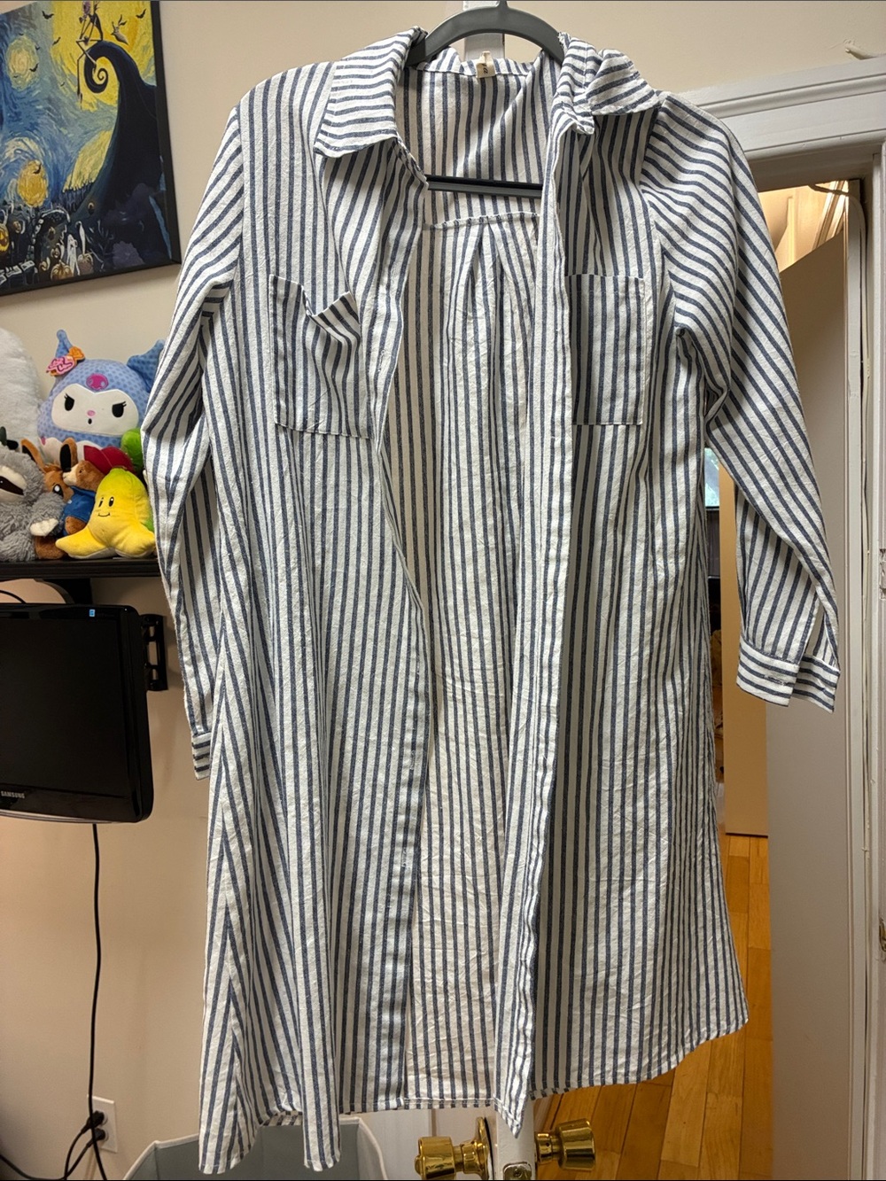 Linen Striped Longline Button-Up Shirt Dress - Blue & White